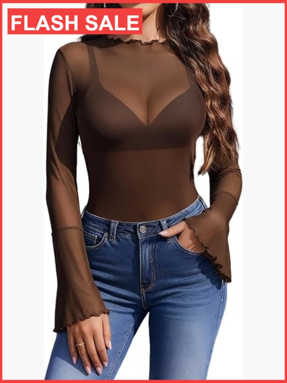 Mesh Bell Sleeve Top Sheer Going Out Shirt Blouse